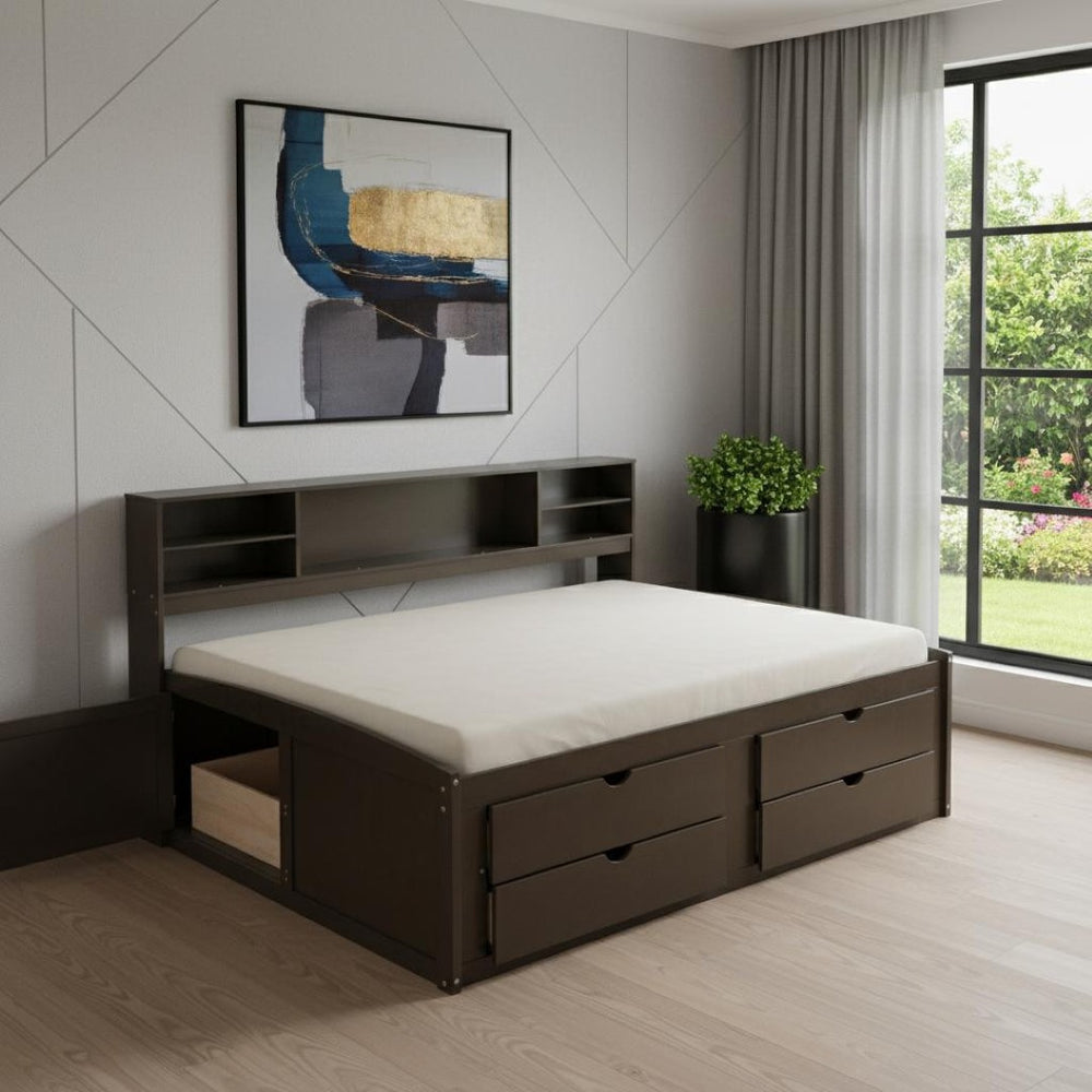 HomeRoots Brown Wood Full Bed Frame with Storage Drawers - Sturdy Platform Design for Organized Bedrooms! 602173