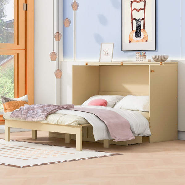 HomeRoots Gold Wood Queen Murphy Bed – Stylish Space-Saving Design with USB Port & Built-in Storage Drawer 602175