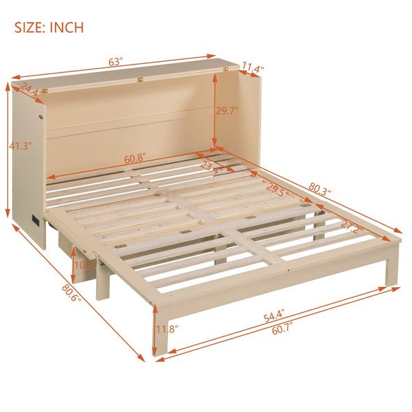 HomeRoots Gold Wood Queen Murphy Bed – Stylish Space-Saving Design with USB Port & Built-in Storage Drawer 602175