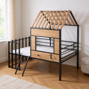 HomeRoots Black Twin Loft Bed - Stylish Solid Wood & Metal Frame with Under-Bed Space for Study & Storage 602179