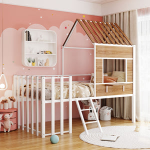 HomeRoots White Four Poster Metal Twin Loft Bed - Space-Saving Design with Modern Style for Small Rooms & Storage 602180