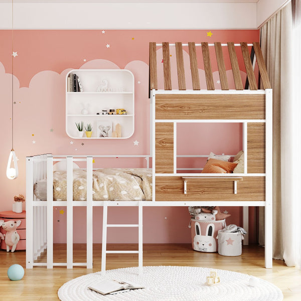 HomeRoots White Four Poster Metal Twin Loft Bed - Space-Saving Design with Modern Style for Small Rooms & Storage 602180