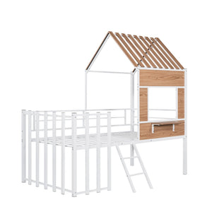 HomeRoots White Four Poster Metal Twin Loft Bed - Space-Saving Design with Modern Style for Small Rooms & Storage 602180