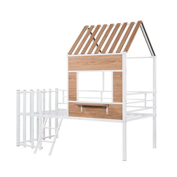 HomeRoots White Four Poster Metal Twin Loft Bed - Space-Saving Design with Modern Style for Small Rooms & Storage 602180