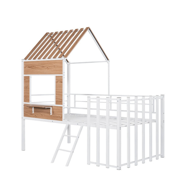 HomeRoots White Four Poster Metal Twin Loft Bed - Space-Saving Design with Modern Style for Small Rooms & Storage 602180