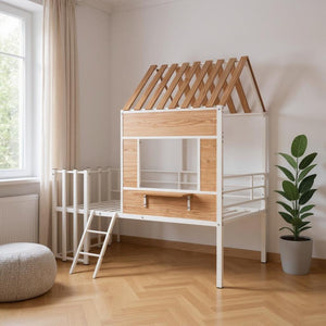 HomeRoots White Four Poster Metal Twin Loft Bed - Space-Saving Design with Modern Style for Small Rooms & Storage 602180