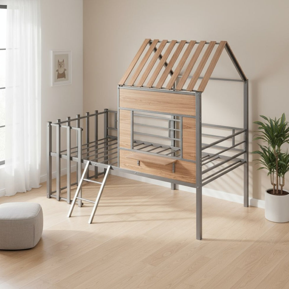 HomeRoots Silver Twin Loft Bed with Durable Wood and Metal Frame – Space-Saving Design for Stylish Bedrooms 602181