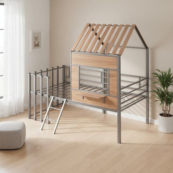 HomeRoots Silver Twin Loft Bed with Durable Wood and Metal Frame – Space-Saving Design for Stylish Bedrooms 602181