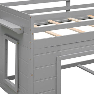 HomeRoots Gray Four Poster Twin Loft Bed with Integrated Shelves – Stylish Space-Saving Solution for Any Room! 602182