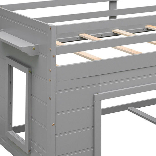 HomeRoots Gray Four Poster Twin Loft Bed with Integrated Shelves – Stylish Space-Saving Solution for Any Room! 602182