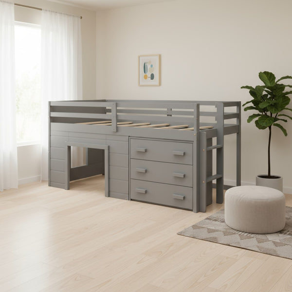 HomeRoots Gray Four Poster Twin Loft Bed with Integrated Shelves – Stylish Space-Saving Solution for Any Room! 602182