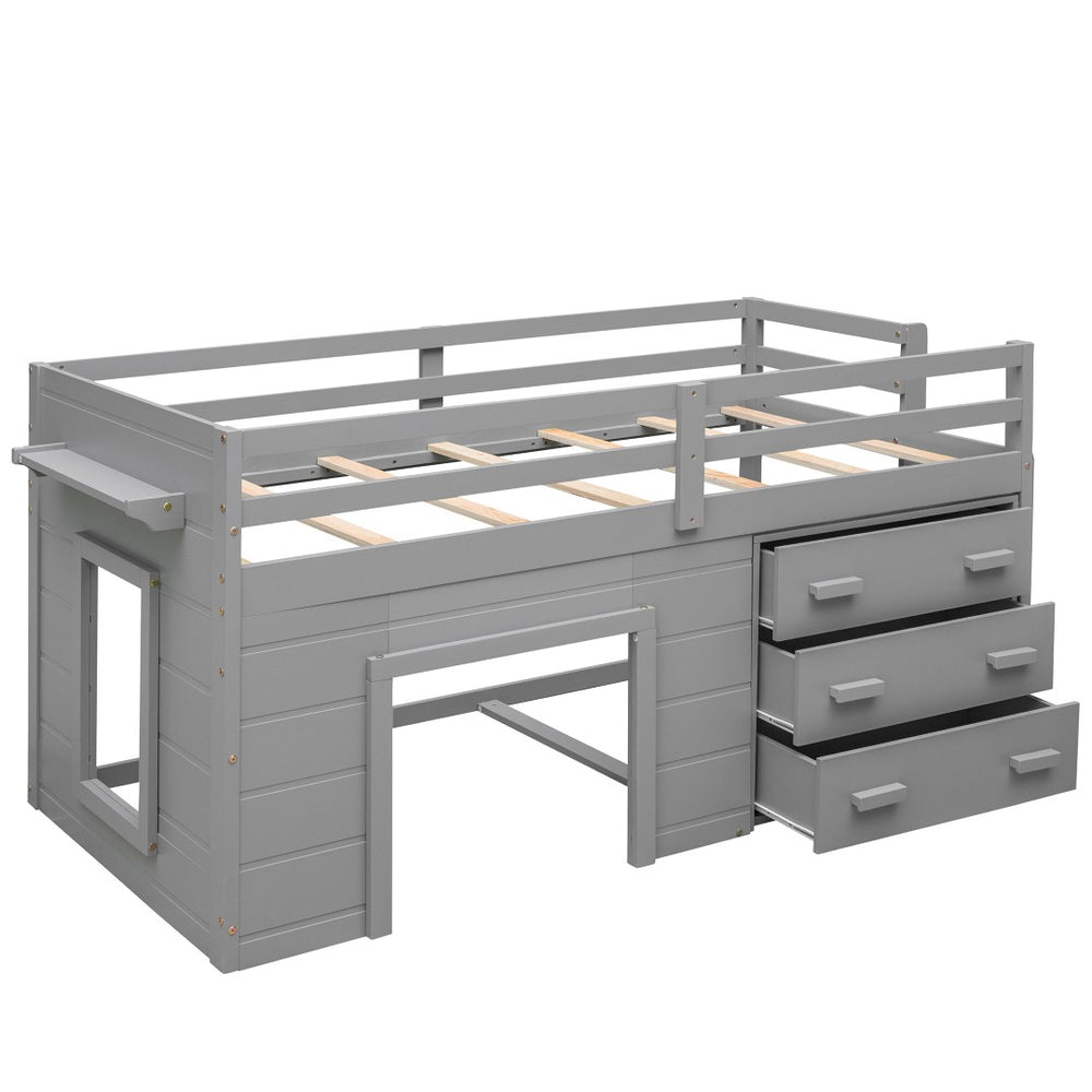 HomeRoots Gray Four Poster Twin Loft Bed with Integrated Shelves – Stylish Space-Saving Solution for Any Room! 602182
