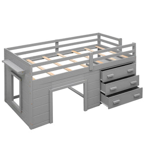 HomeRoots Gray Four Poster Twin Loft Bed with Integrated Shelves – Stylish Space-Saving Solution for Any Room! 602182