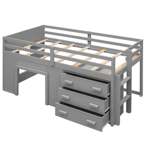 HomeRoots Gray Four Poster Twin Loft Bed with Integrated Shelves – Stylish Space-Saving Solution for Any Room! 602182