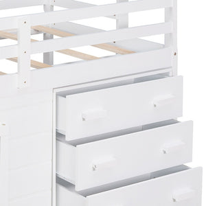 HomeRoots White Four Poster Twin Loft Bed with Built-In Drawers, Clean Design & Space-Saving Storage Solution 602183