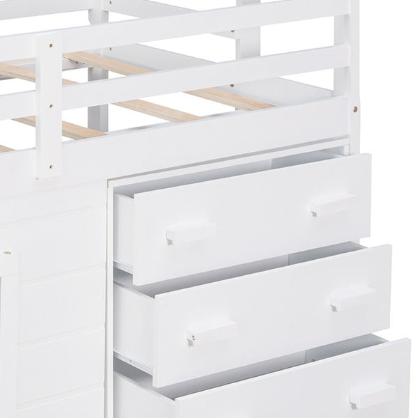 HomeRoots White Four Poster Twin Loft Bed with Built-In Drawers, Clean Design & Space-Saving Storage Solution 602183