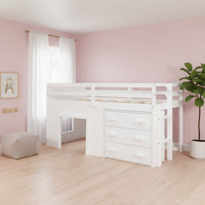 HomeRoots White Four Poster Twin Loft Bed with Built-In Drawers, Clean Design & Space-Saving Storage Solution 602183