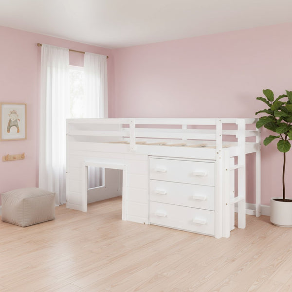 HomeRoots White Four Poster Twin Loft Bed with Built-In Drawers, Clean Design & Space-Saving Storage Solution 602183