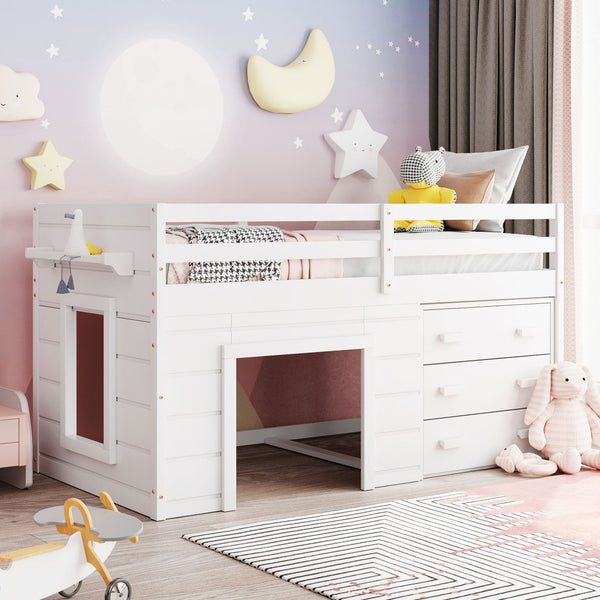 HomeRoots White Four Poster Twin Loft Bed with Built-In Drawers, Clean Design & Space-Saving Storage Solution 602183