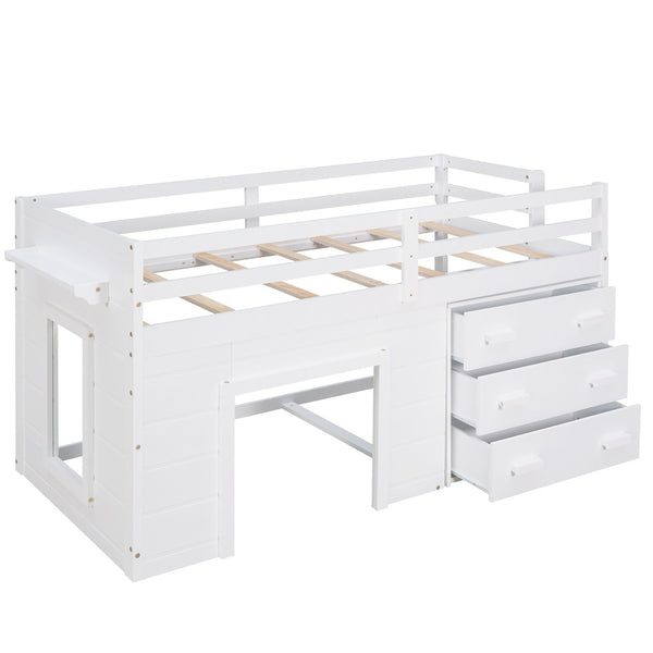 HomeRoots White Four Poster Twin Loft Bed with Built-In Drawers, Clean Design & Space-Saving Storage Solution 602183