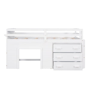 HomeRoots White Four Poster Twin Loft Bed with Built-In Drawers, Clean Design & Space-Saving Storage Solution 602183