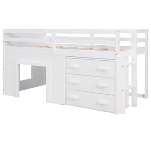 HomeRoots White Four Poster Twin Loft Bed with Built-In Drawers, Clean Design & Space-Saving Storage Solution 602183