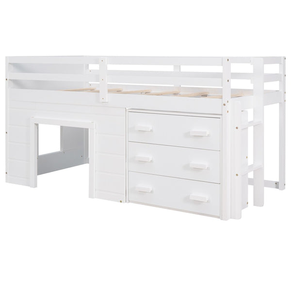 HomeRoots White Four Poster Twin Loft Bed with Built-In Drawers, Clean Design & Space-Saving Storage Solution 602183