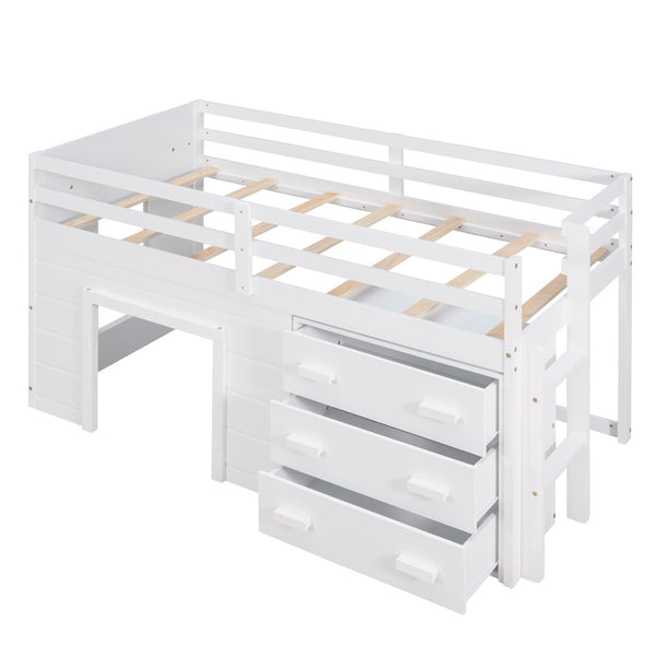 HomeRoots White Four Poster Twin Loft Bed with Built-In Drawers, Clean Design & Space-Saving Storage Solution 602183