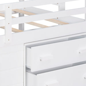 HomeRoots White Four Poster Twin Loft Bed with Built-In Drawers, Clean Design & Space-Saving Storage Solution 602183