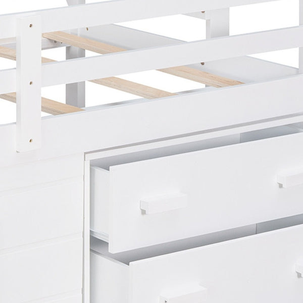 HomeRoots White Four Poster Twin Loft Bed with Built-In Drawers, Clean Design & Space-Saving Storage Solution 602183
