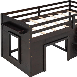 HomeRoots Espresso Four Poster Twin Loft Bed with 3 Drawers & Shelf – Space-Saving Storage for Small Rooms 602184
