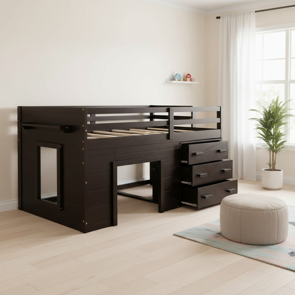 HomeRoots Espresso Four Poster Twin Loft Bed with 3 Drawers & Shelf – Space-Saving Storage for Small Rooms 602184