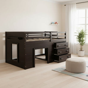 HomeRoots Espresso Four Poster Twin Loft Bed with 3 Drawers & Shelf – Space-Saving Storage for Small Rooms 602184