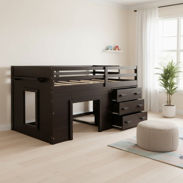 HomeRoots Espresso Four Poster Twin Loft Bed with 3 Drawers & Shelf – Space-Saving Storage for Small Rooms 602184