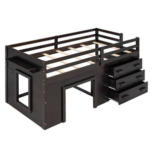 HomeRoots Espresso Four Poster Twin Loft Bed with 3 Drawers & Shelf – Space-Saving Storage for Small Rooms 602184