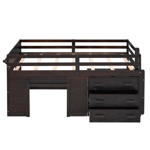 HomeRoots Espresso Four Poster Twin Loft Bed with 3 Drawers & Shelf – Space-Saving Storage for Small Rooms 602184