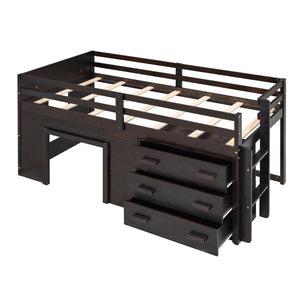 HomeRoots Espresso Four Poster Twin Loft Bed with 3 Drawers & Shelf – Space-Saving Storage for Small Rooms 602184
