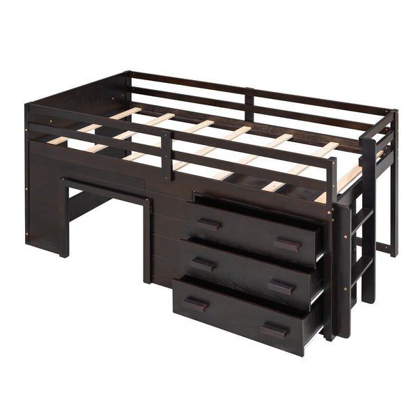 HomeRoots Espresso Four Poster Twin Loft Bed with 3 Drawers & Shelf – Space-Saving Storage for Small Rooms 602184