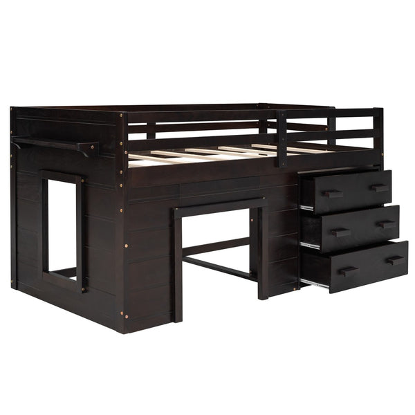 HomeRoots Espresso Four Poster Twin Loft Bed with 3 Drawers & Shelf – Space-Saving Storage for Small Rooms 602184