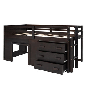 HomeRoots Espresso Four Poster Twin Loft Bed with 3 Drawers & Shelf – Space-Saving Storage for Small Rooms 602184