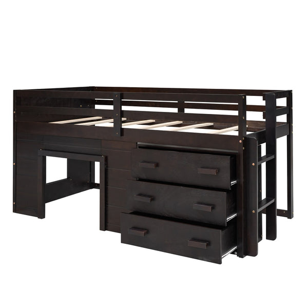 HomeRoots Espresso Four Poster Twin Loft Bed with 3 Drawers & Shelf – Space-Saving Storage for Small Rooms 602184