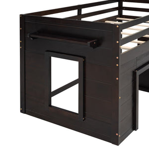 HomeRoots Espresso Four Poster Twin Loft Bed with 3 Drawers & Shelf – Space-Saving Storage for Small Rooms 602184