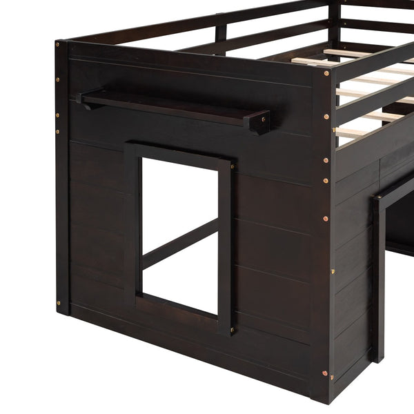 HomeRoots Espresso Four Poster Twin Loft Bed with 3 Drawers & Shelf – Space-Saving Storage for Small Rooms 602184