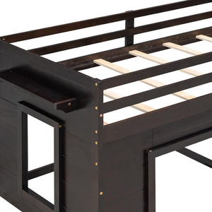 HomeRoots Espresso Four Poster Twin Loft Bed with 3 Drawers & Shelf – Space-Saving Storage for Small Rooms 602184