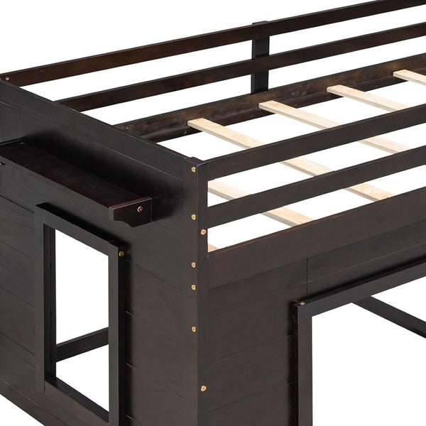 HomeRoots Espresso Four Poster Twin Loft Bed with 3 Drawers & Shelf – Space-Saving Storage for Small Rooms 602184