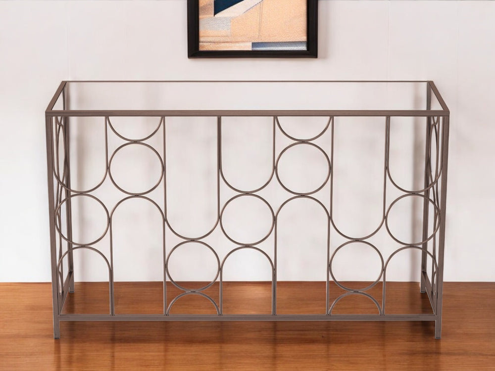 Homeroots 50" Stylish Clear And Bronze Glass Console Table With Modern Steel Geometric Design For Any Room   602185