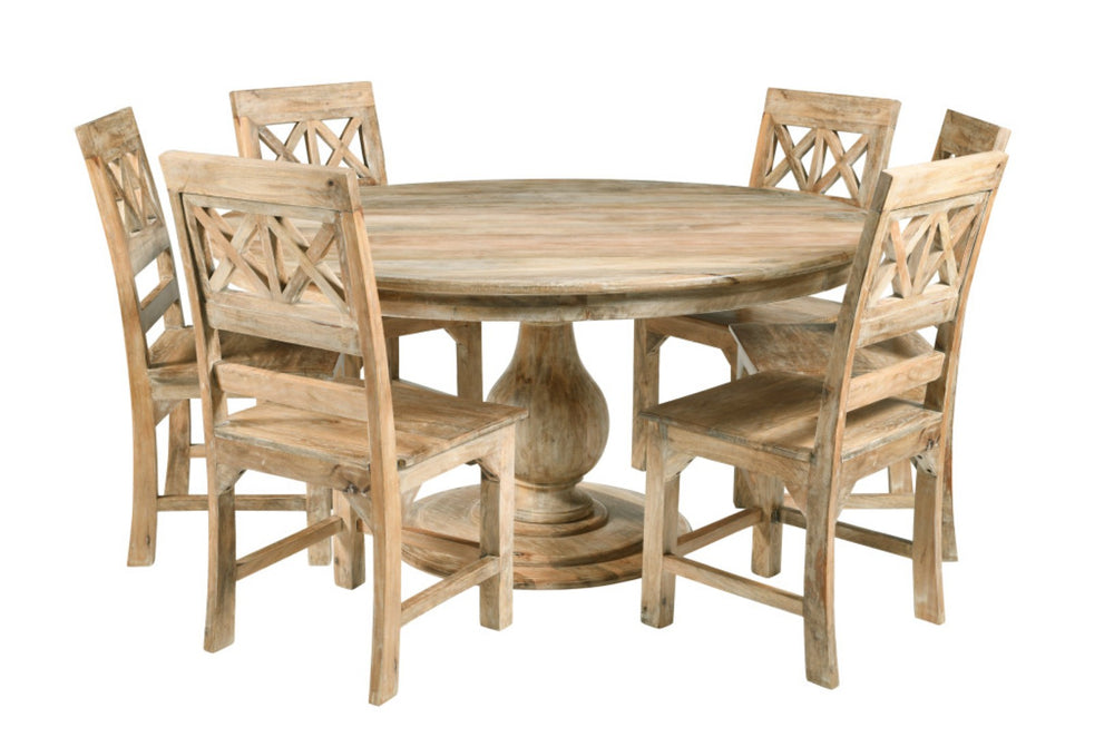 HomeRoots Seven Piece Natural Solid Wood Dining Set with Six Cross-Back Chairs for Timeless Elegance 602201