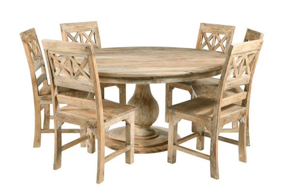 HomeRoots Seven Piece Natural Solid Wood Dining Set with Six Cross-Back Chairs for Timeless Elegance 602201
