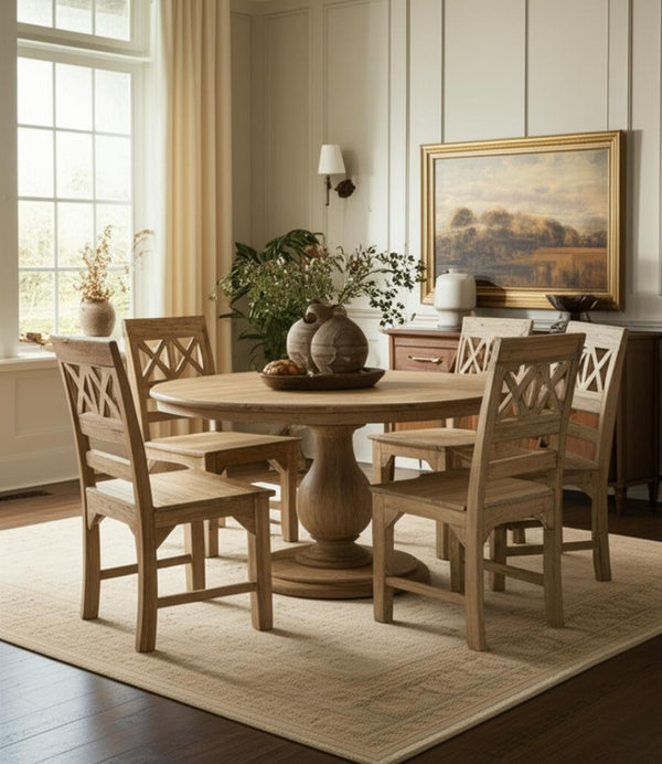 HomeRoots Seven Piece Natural Solid Wood Dining Set with Six Cross-Back Chairs for Timeless Elegance 602201