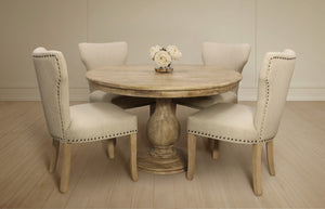 HomeRoots Five Piece Natural Solid Wood Dining Set with Round Table & Ivory Upholstered Chairs for Comfort 602202
